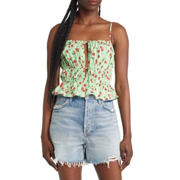WAYF Cherries Green Camisole Top Elastic Trim Cotton Front Cut Out Ties Women S - Picture 1 of 12